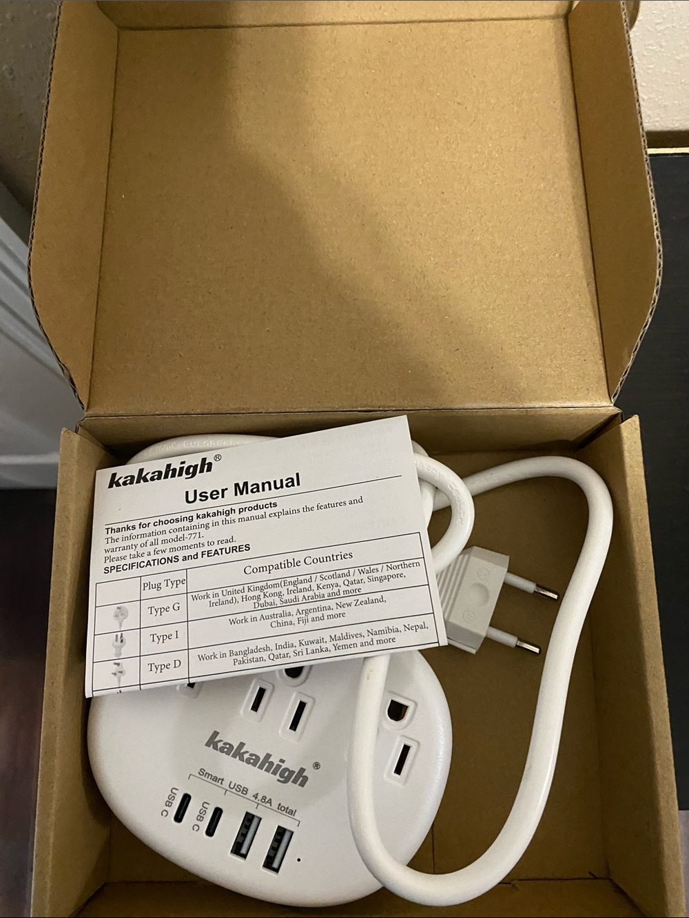 White 3-Outlet Power Strip with 3 USB Ports